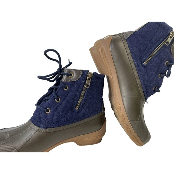 Sperry Duck Boots Blue Brown Rubber Bootie Waterproof Lace Up Zipper Womens 6 - Picture 3 of 9